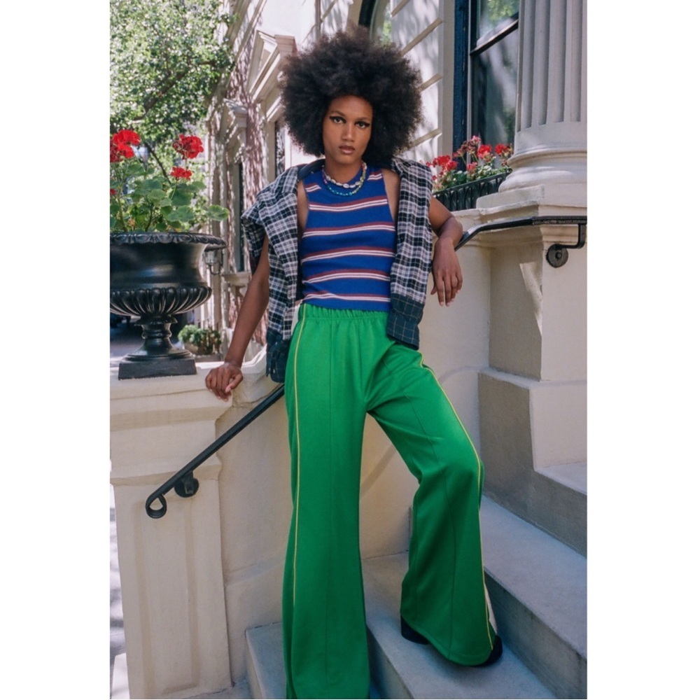 BDG Josie Tricot High-Waisted Flare Pants Bright Green Elastic Waist Retro Large - Picture 12 of 16